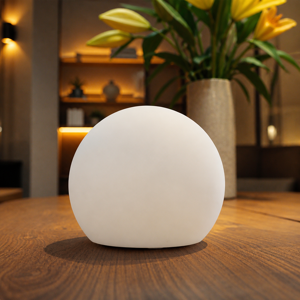 White rounded tabletop lamp on a wooden surface in a warm interior with flowers behind it.