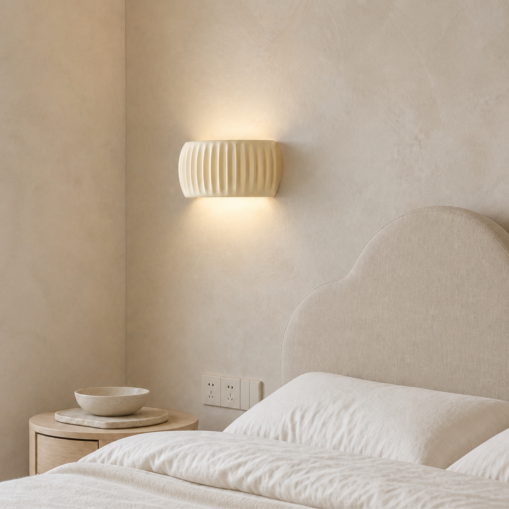 Cream ribbed wall sconce glowing above a neutral upholstered bed in a cozy bedroom.