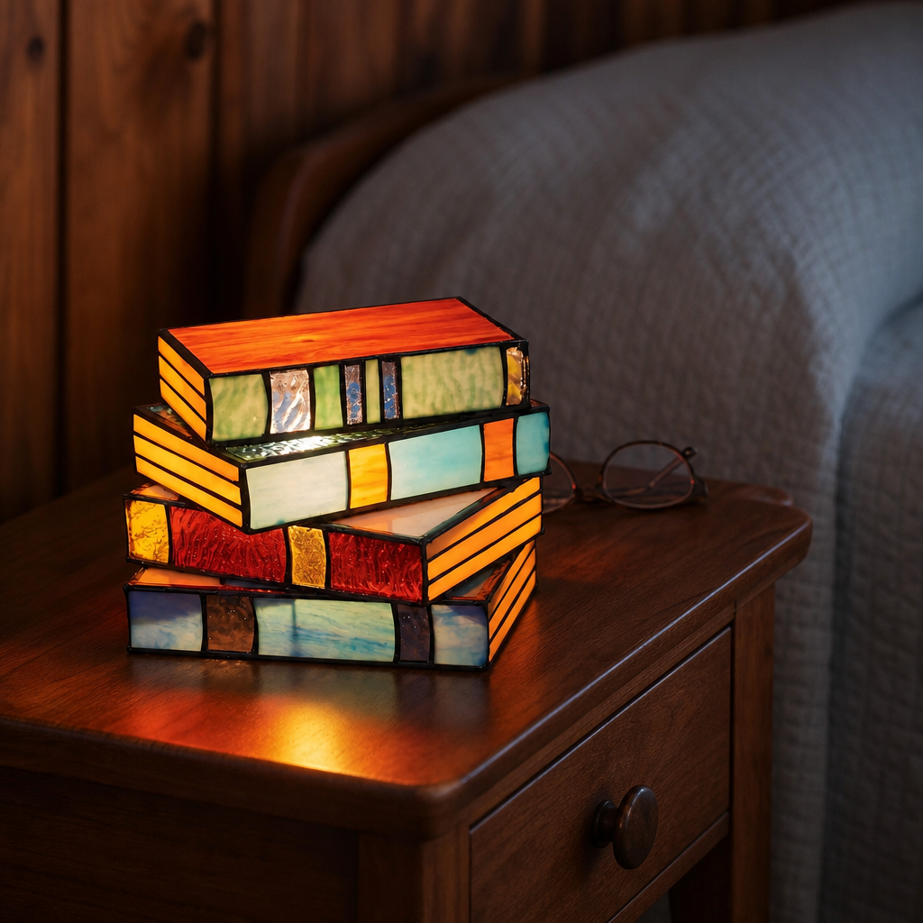 Stacked stained-glass book lamp glowing on a wooden bedside table.