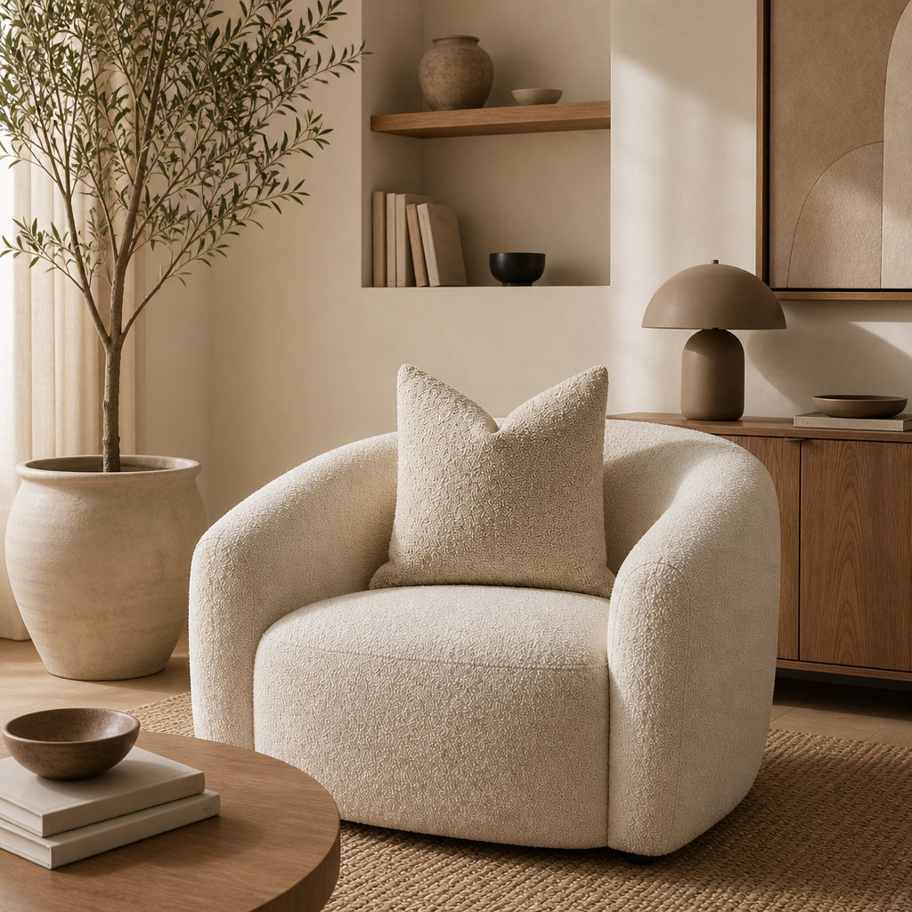 Cream boucle armchair with rounded arms and a matching textured pillow in a warm neutral living room.