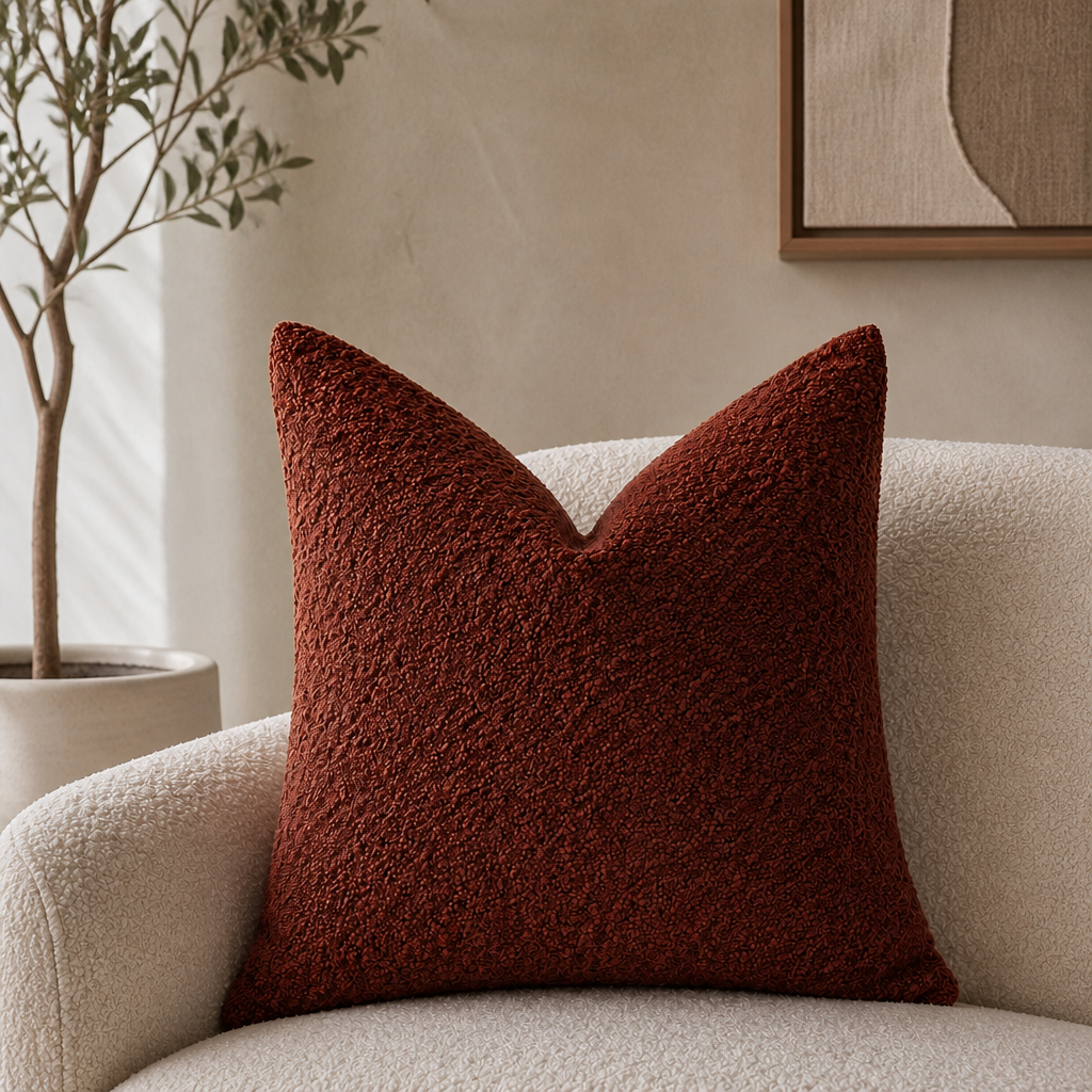Rust red textured square pillow on a cream boucle armchair in a warm neutral room.
