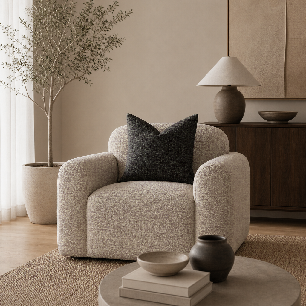 Cream boucle lounge chair with rounded arms and a dark charcoal pillow in a warm neutral living room.