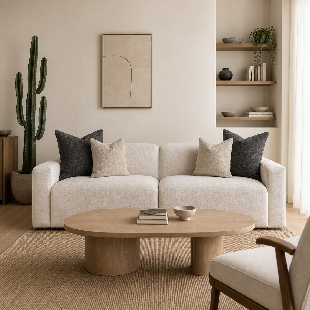 Cream sofa with neutral throw pillows in a warm minimalist living room.