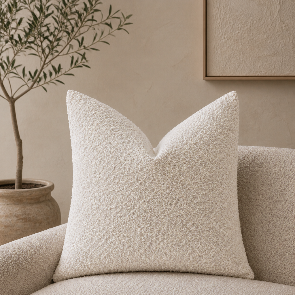 Cream textured square pillow on a boucle chair in a warm minimalist living room.