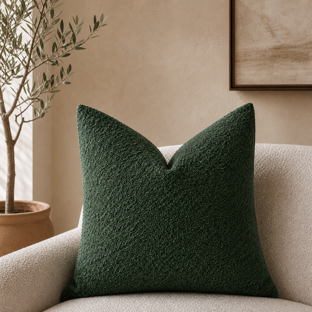 Dark green textured square throw pillow on a cream boucle chair in a neutral living room.