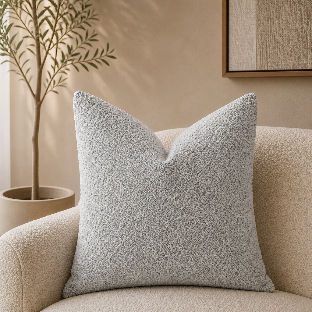 Light gray textured square throw pillow on a cream boucle chair.