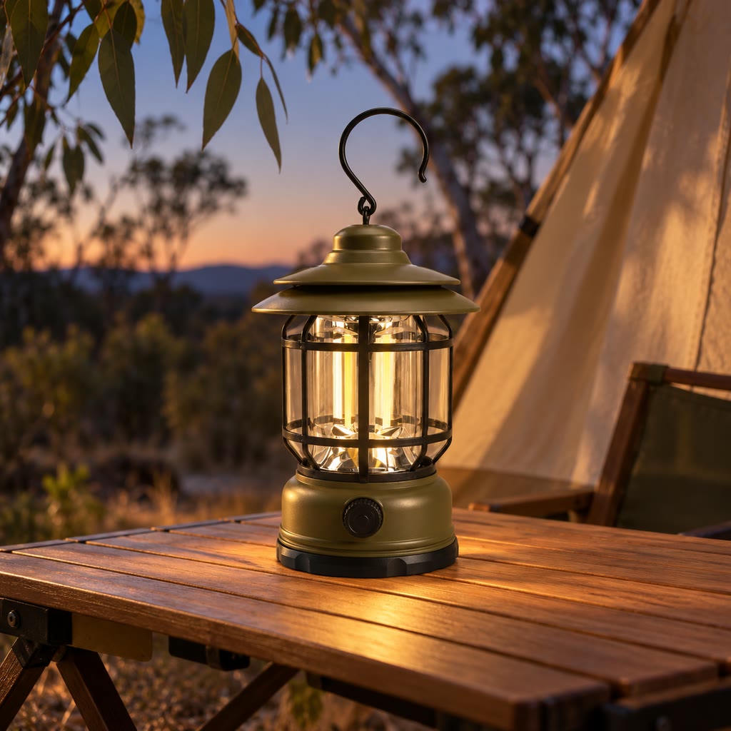Army Green lantern lighting a camping table beside a tent at dusk.