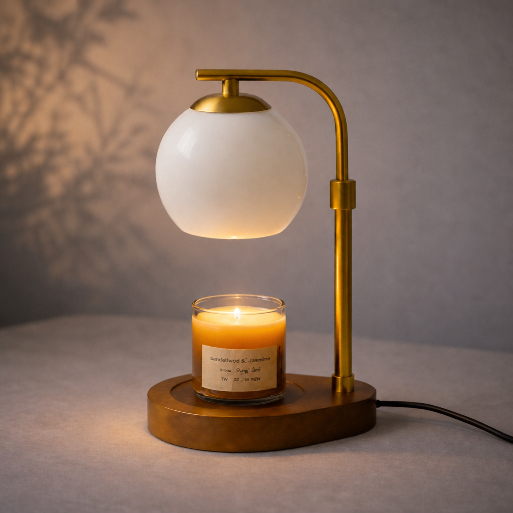 White elegant glass candle warmer lamp with soft orange glow warming a Sandalwood & Jasmine candle.