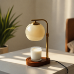 A beige Elegant Glass Candle Warmer Lamp with Soft Orange Glow for Cozy Spaces.