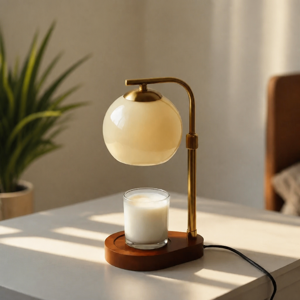 A beige Elegant Glass Candle Warmer Lamp with Soft Orange Glow for Cozy Spaces.