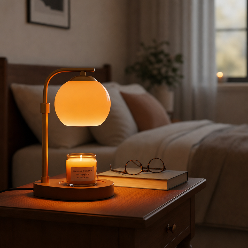 A glass candle warmer lamp casting a soft orange glow next to a book and glasses on a bedside table.