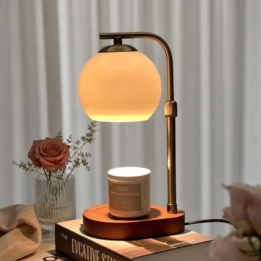 A brass candle warmer lamp with a frosted glass shade casts a warm glow over a jar candle on a wooden base.