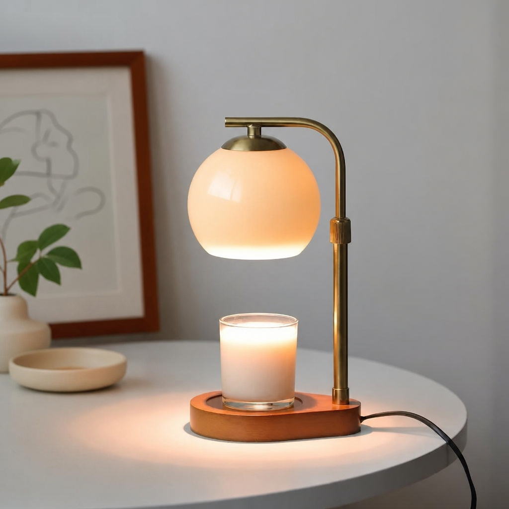 A brass candle warmer lamp with an orange glass shade sits on a table, warming a white candle on its wooden base.