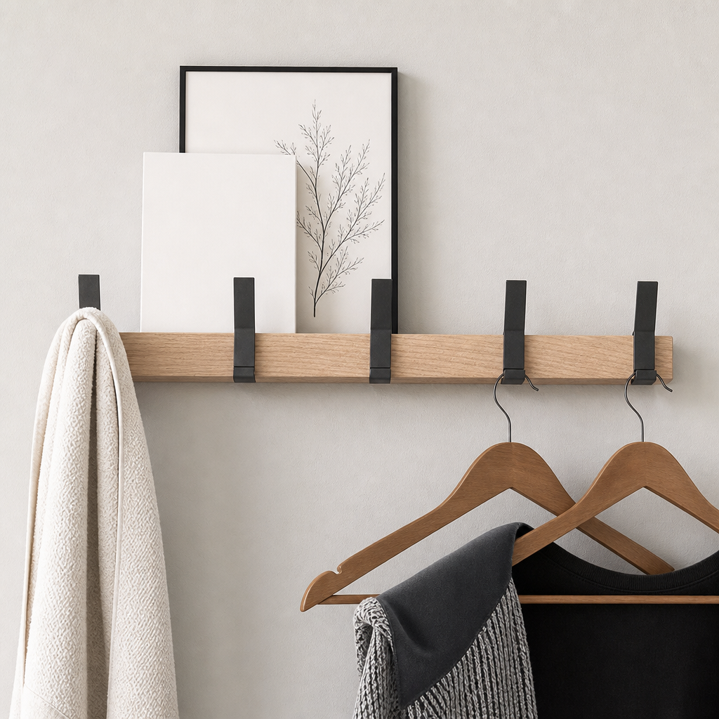 Wooden wall shelf coat rack with black hooks, framed prints, towel, and wooden hangers.