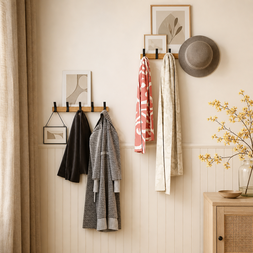 Wall-mounted wooden coat hook racks with black hooks holding coats, scarves, a hat, and framed decor.