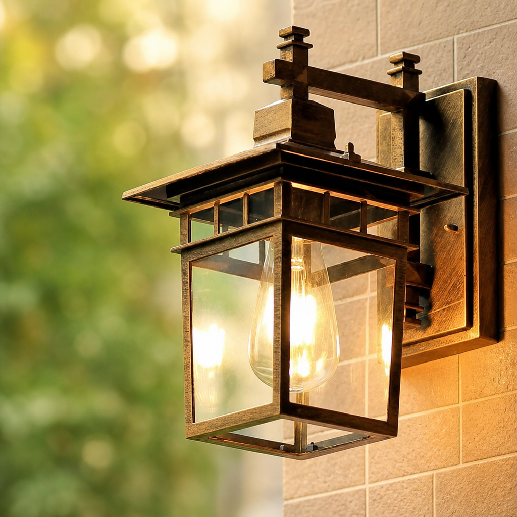Bronze wall-mounted glass lantern with a glowing bulb on an outdoor brick wall.