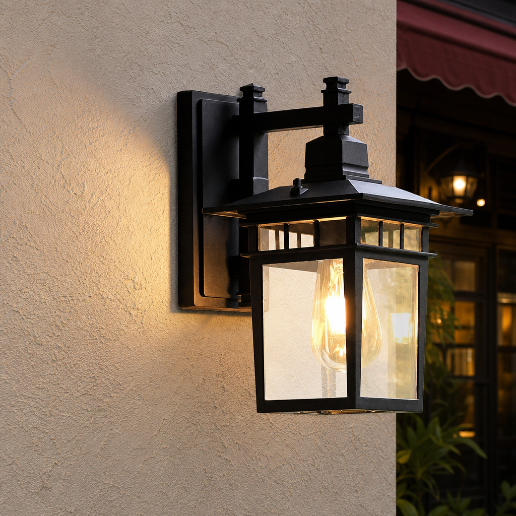 Black outdoor wall lantern with glass panels and a glowing bulb mounted on a textured stucco wall.