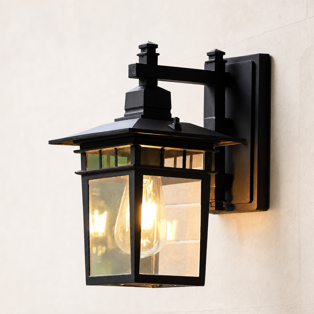 Black outdoor wall lantern sconce with warm glowing bulb and clear glass panels.