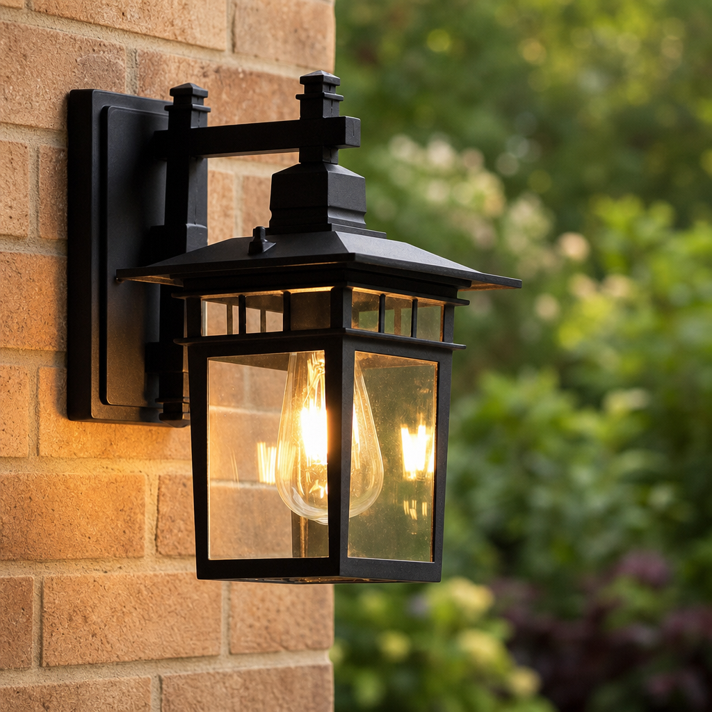 Black outdoor wall lantern with glowing bulb mounted on a tan brick wall.