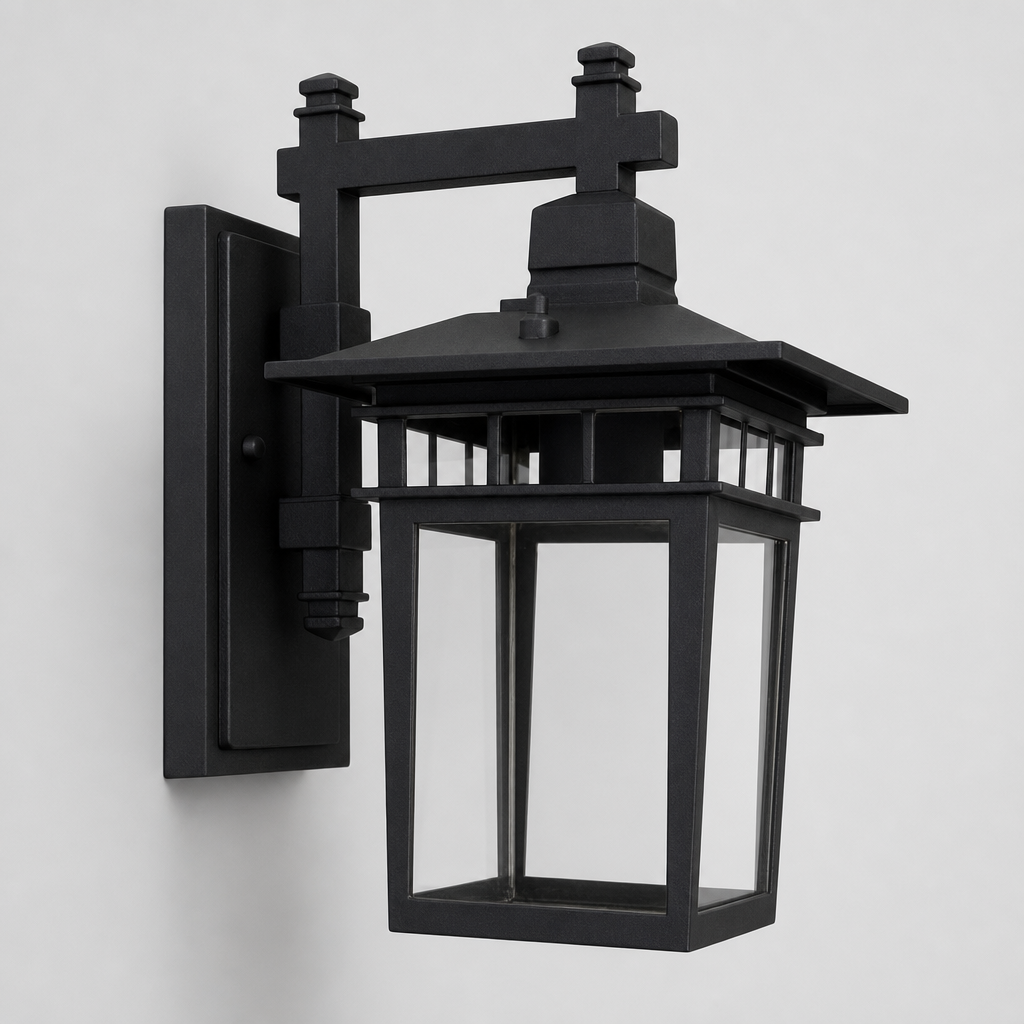Black outdoor wall lantern sconce with clear glass panels on a plain light background.