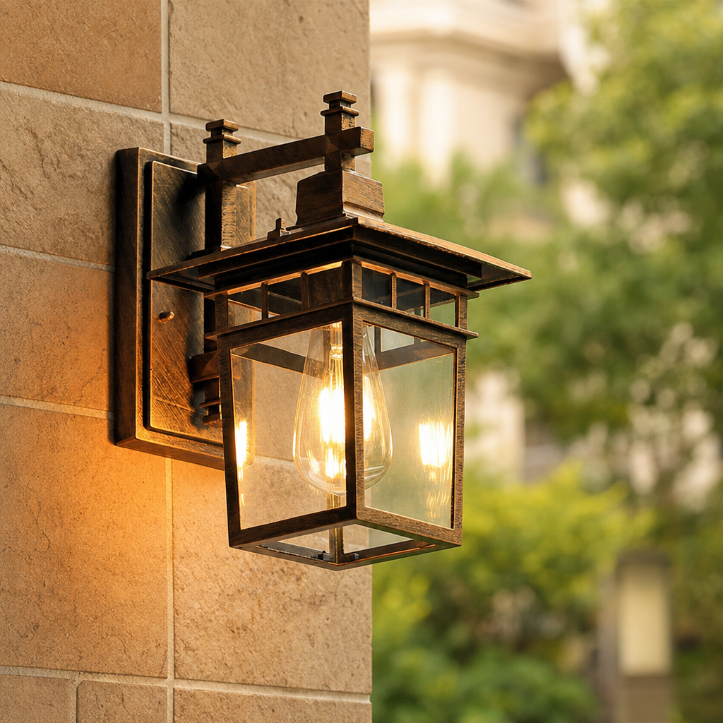 Bronze glass wall lantern glowing on a tiled outdoor wall.