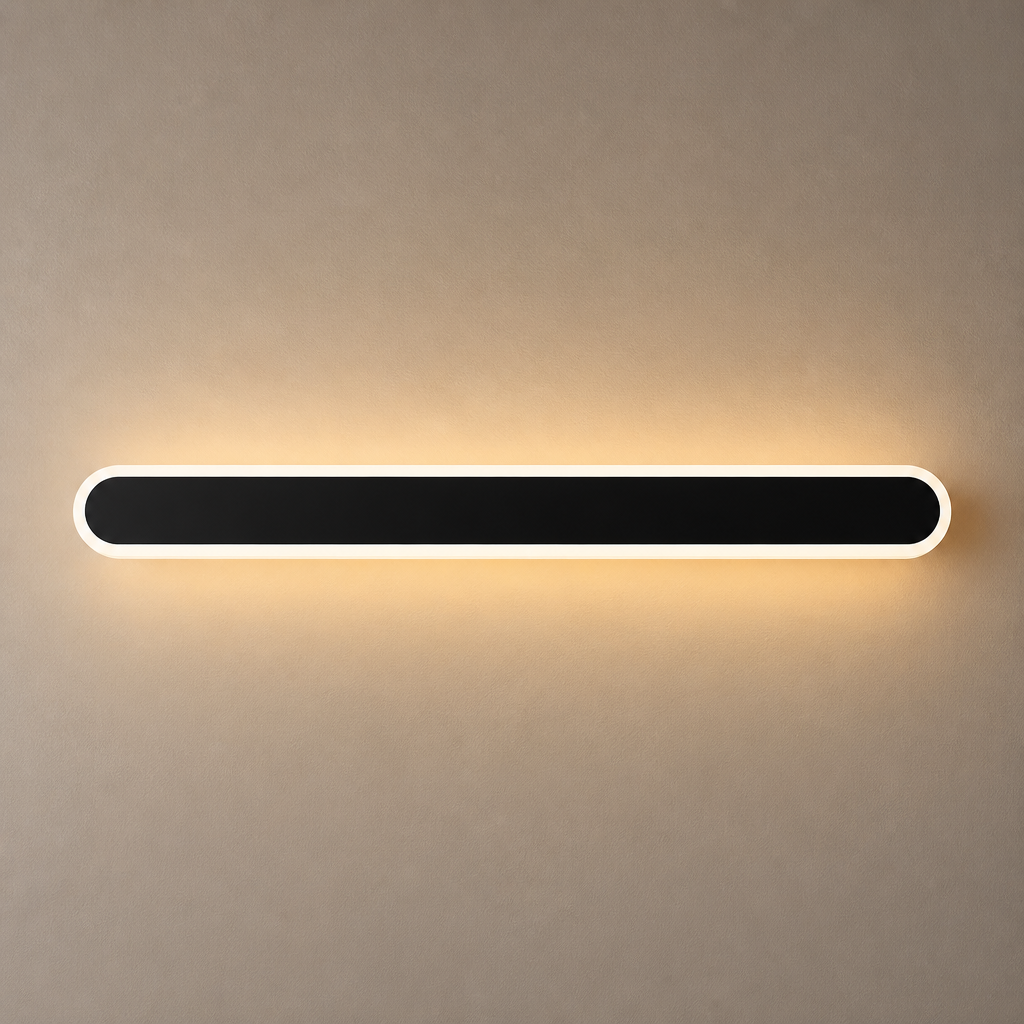 Long black rounded wall light with a white rim casting a warm glow.