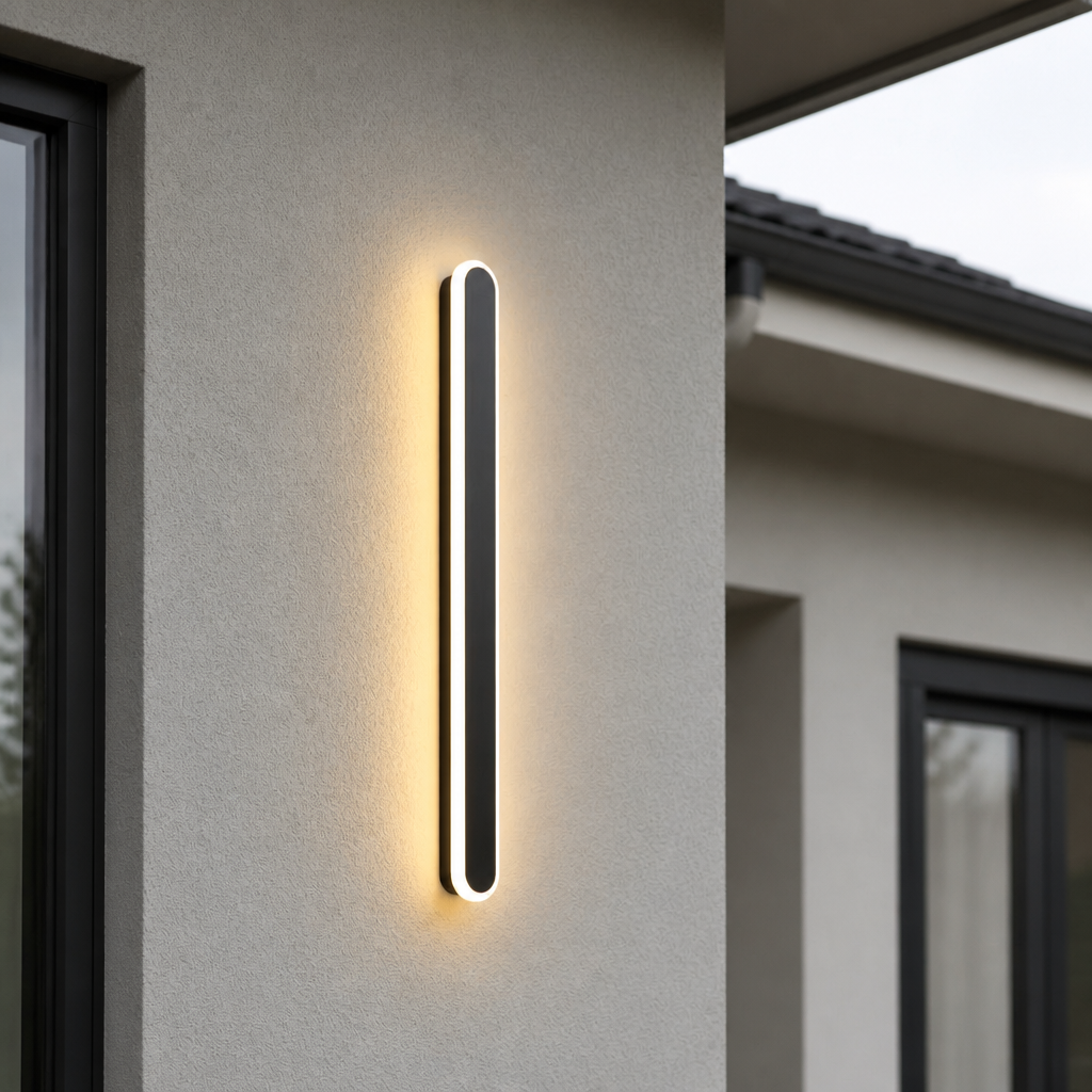 Vertical black outdoor wall light glowing warmly on a modern stucco exterior.