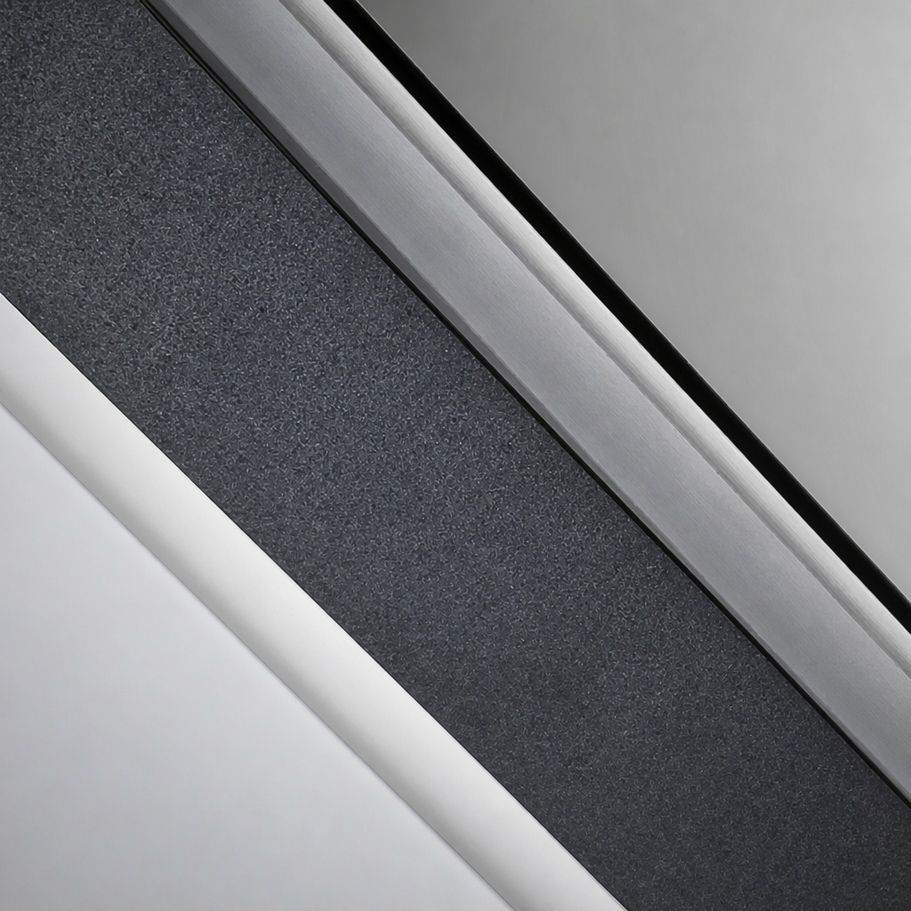 Close-up of a dark textured strip bordered by white and silver trim.