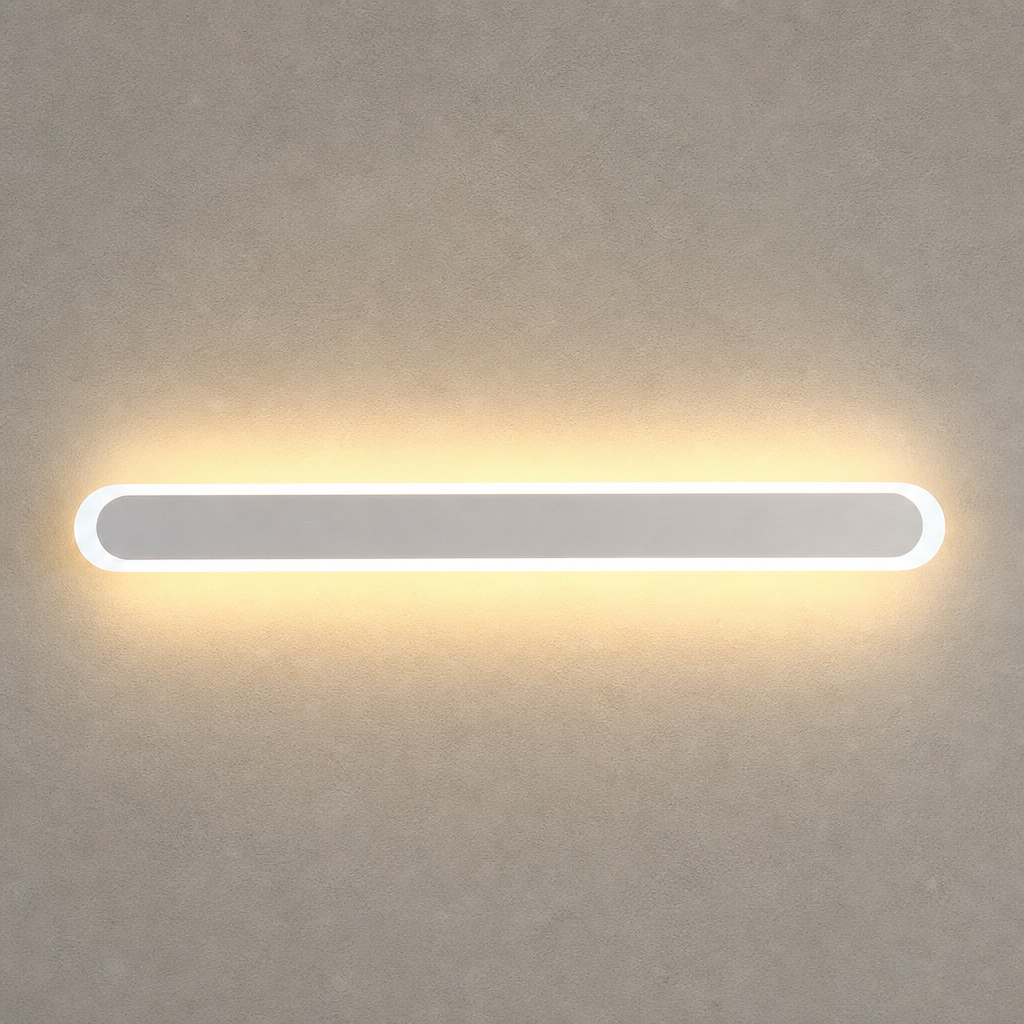 Long rounded wall light with a warm glow on a neutral textured wall.