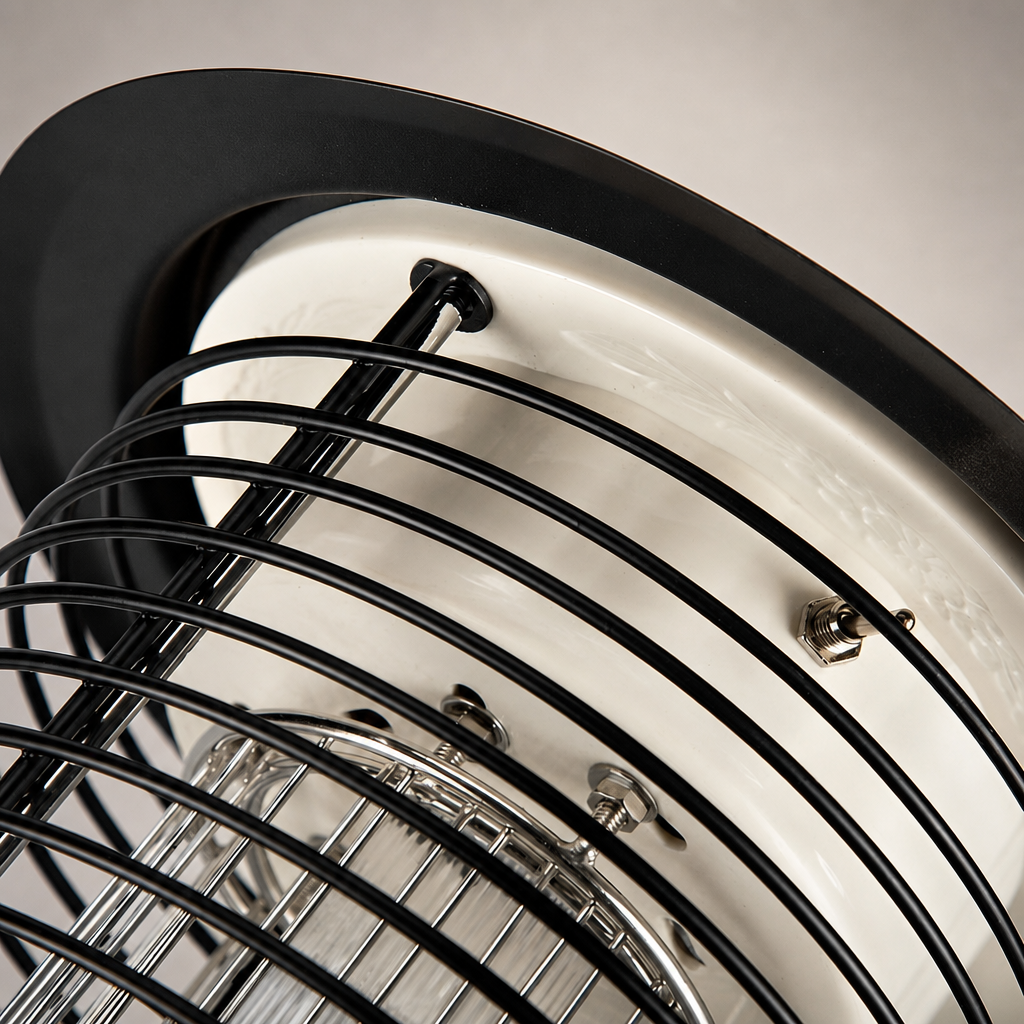 Close-up of a black wire fan grille over a cream metal motor housing.