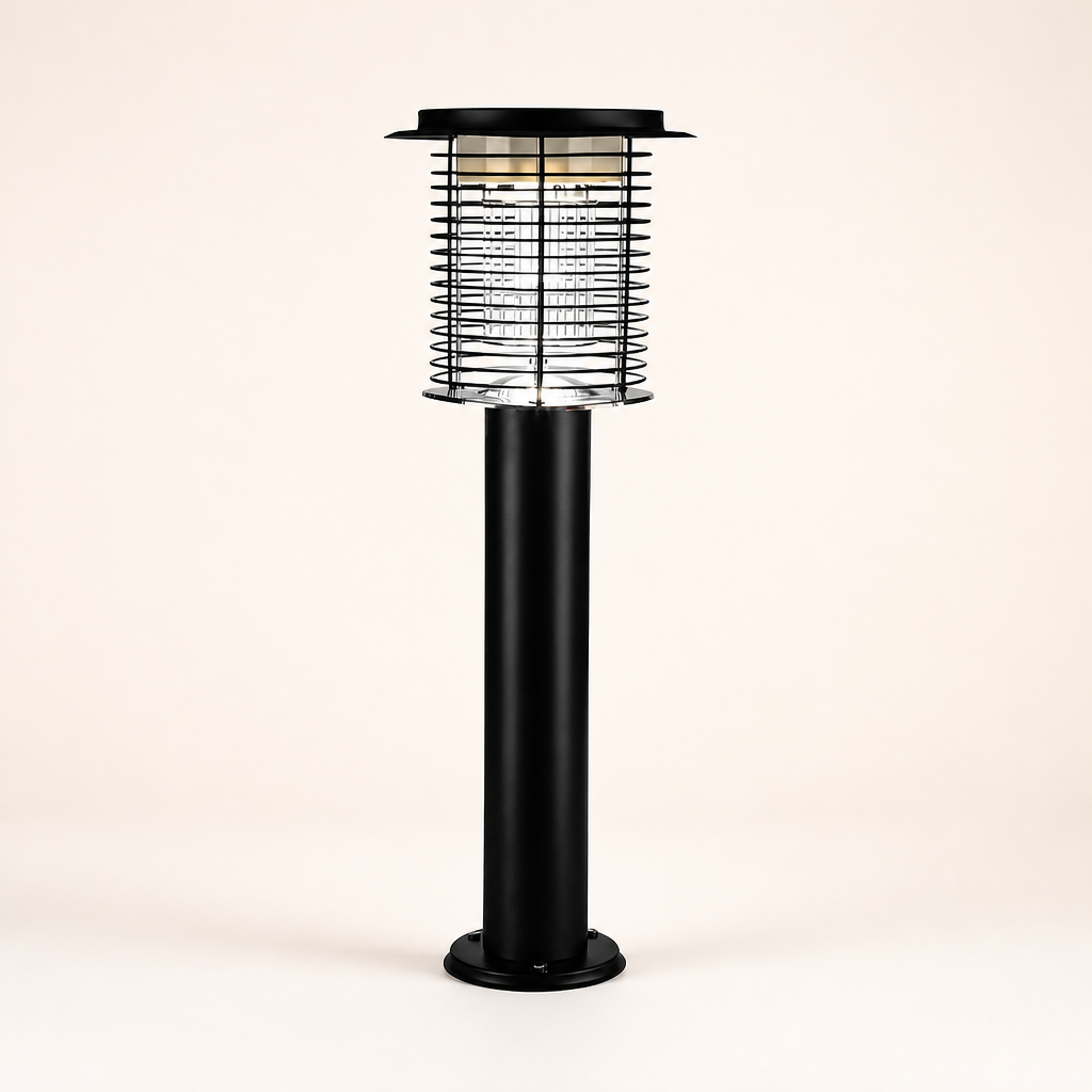 Black outdoor post lantern with a clear caged lamp head and round base.