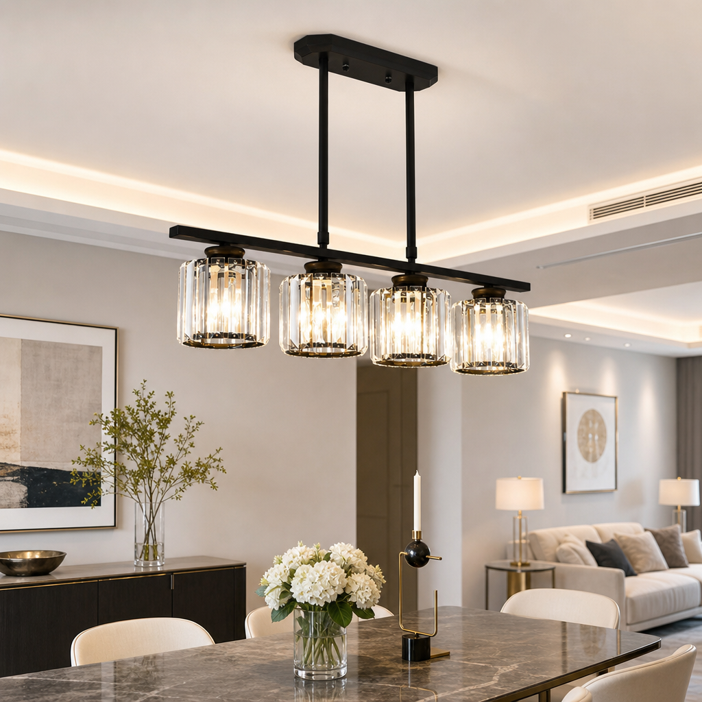 Modern black linear chandelier with four glowing ribbed glass shades over a dining table.
