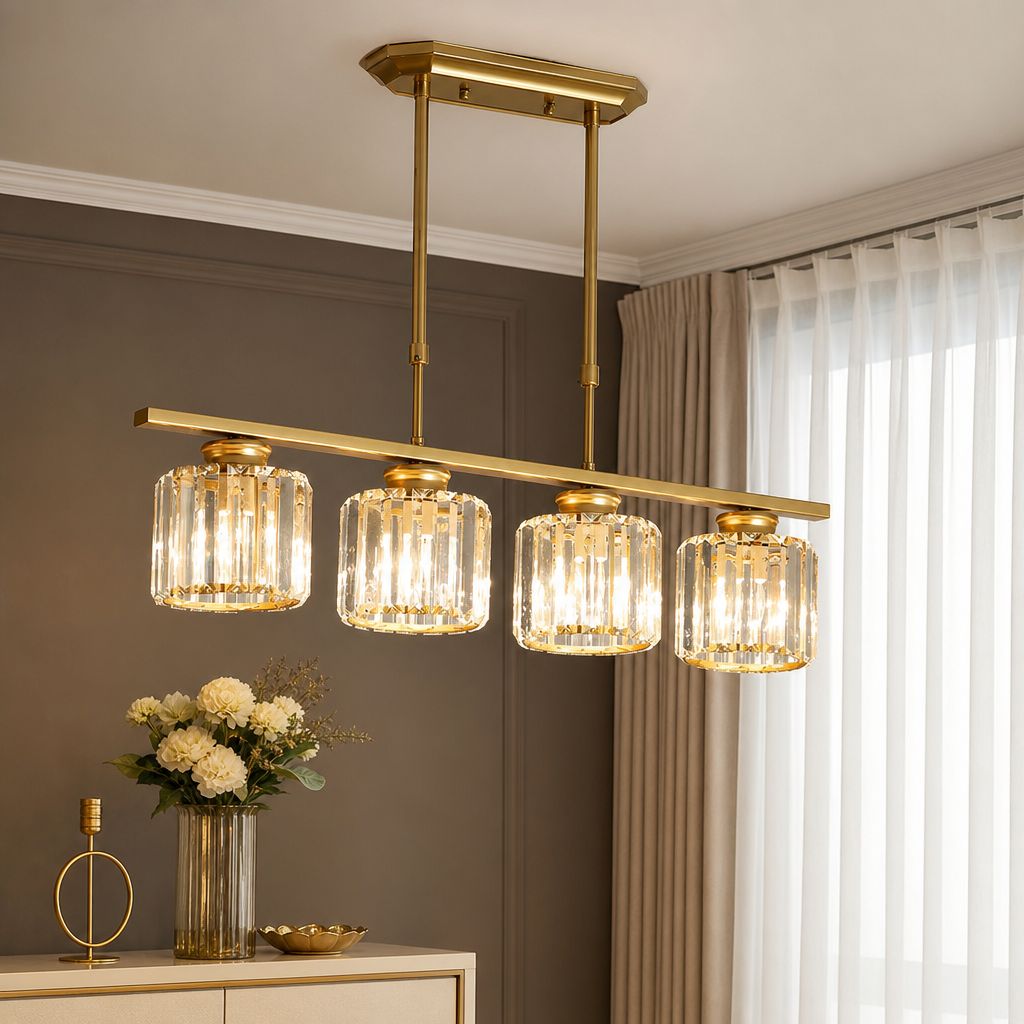 Gold four-light crystal chandelier hanging over a console in an elegant room.