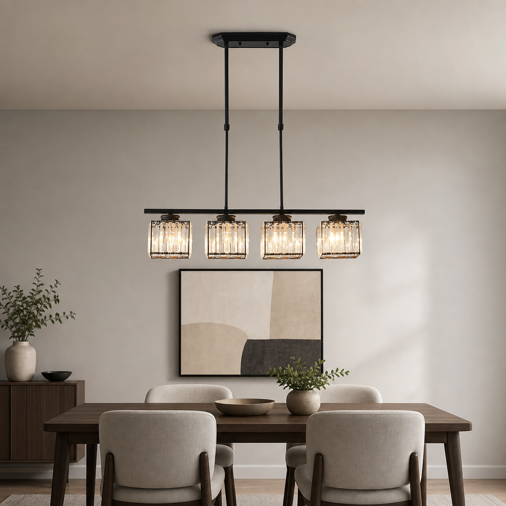 Black linear chandelier with four illuminated ribbed glass cube shades above a dining table.