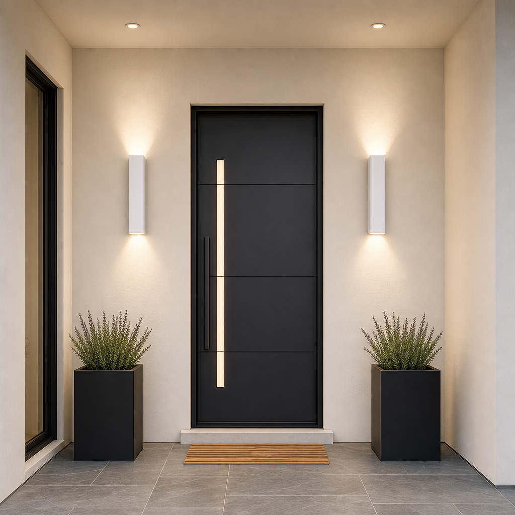Black modern front door with vertical light panel, flanked by wall sconces and square planters.