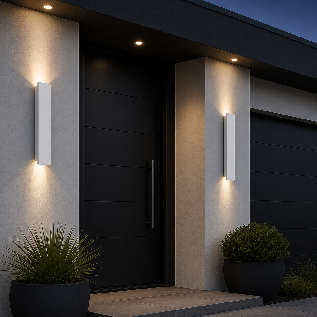 Two slim white outdoor wall sconces casting warm up-and-down light on a modern entryway.