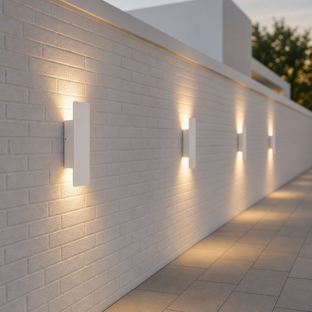 White rectangular wall sconces cast warm light on a white brick exterior wall.