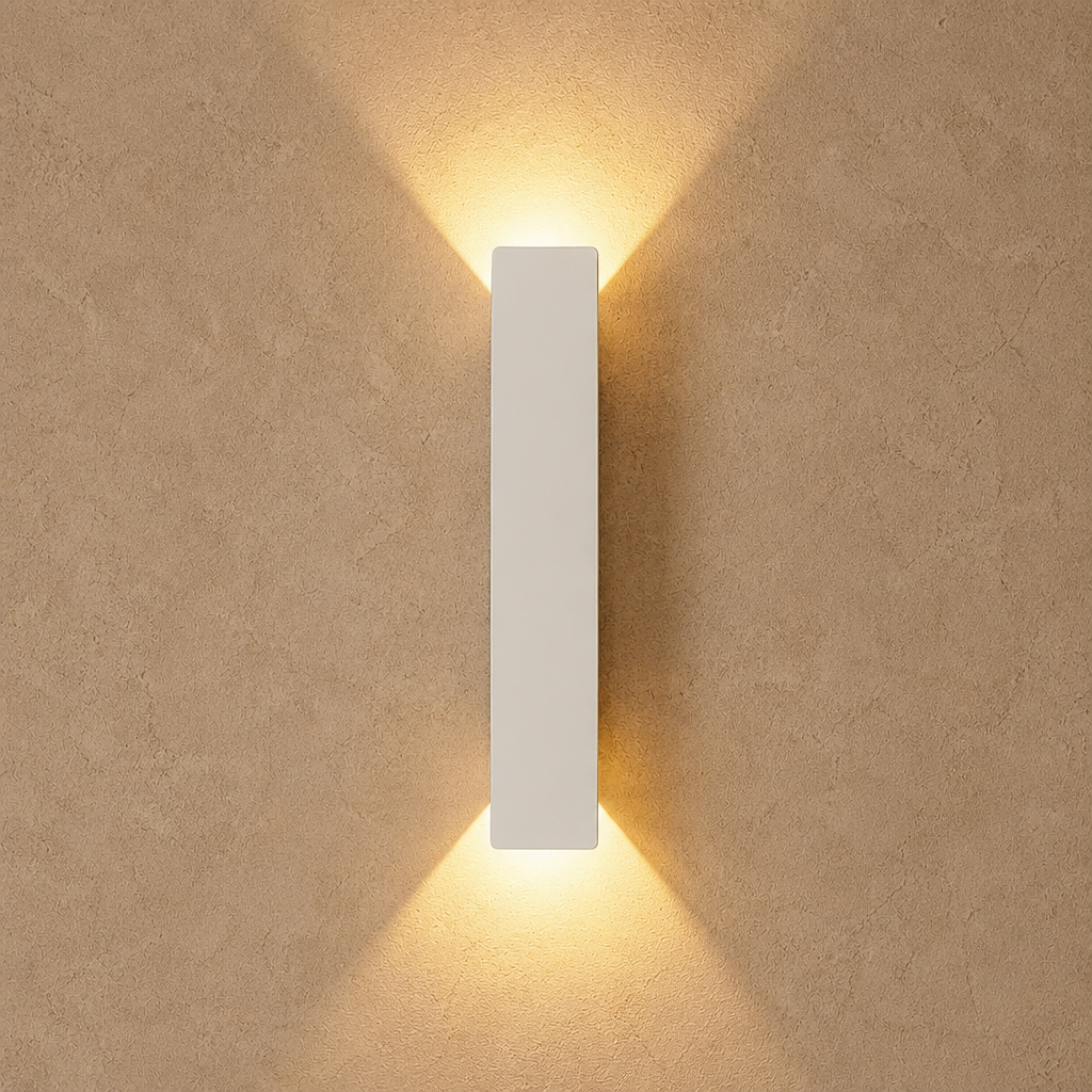 White rectangular wall light casting warm beams on a textured beige wall.