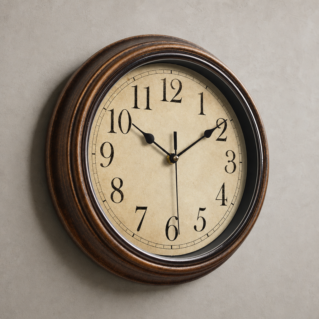 Vintage round wall clock with a brown wooden frame and cream numbered face.