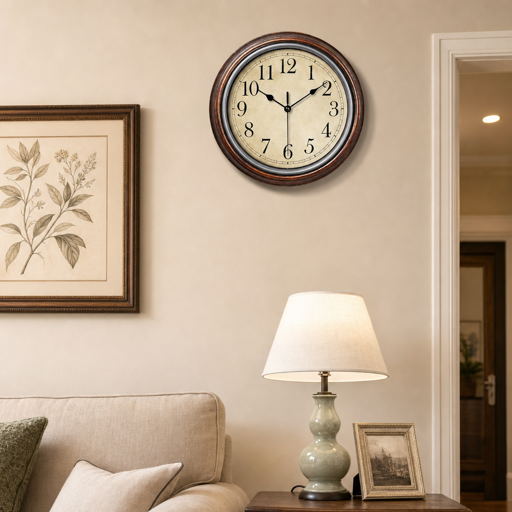 A vintage round wall clock with a cream face and dark wood frame above a side table.