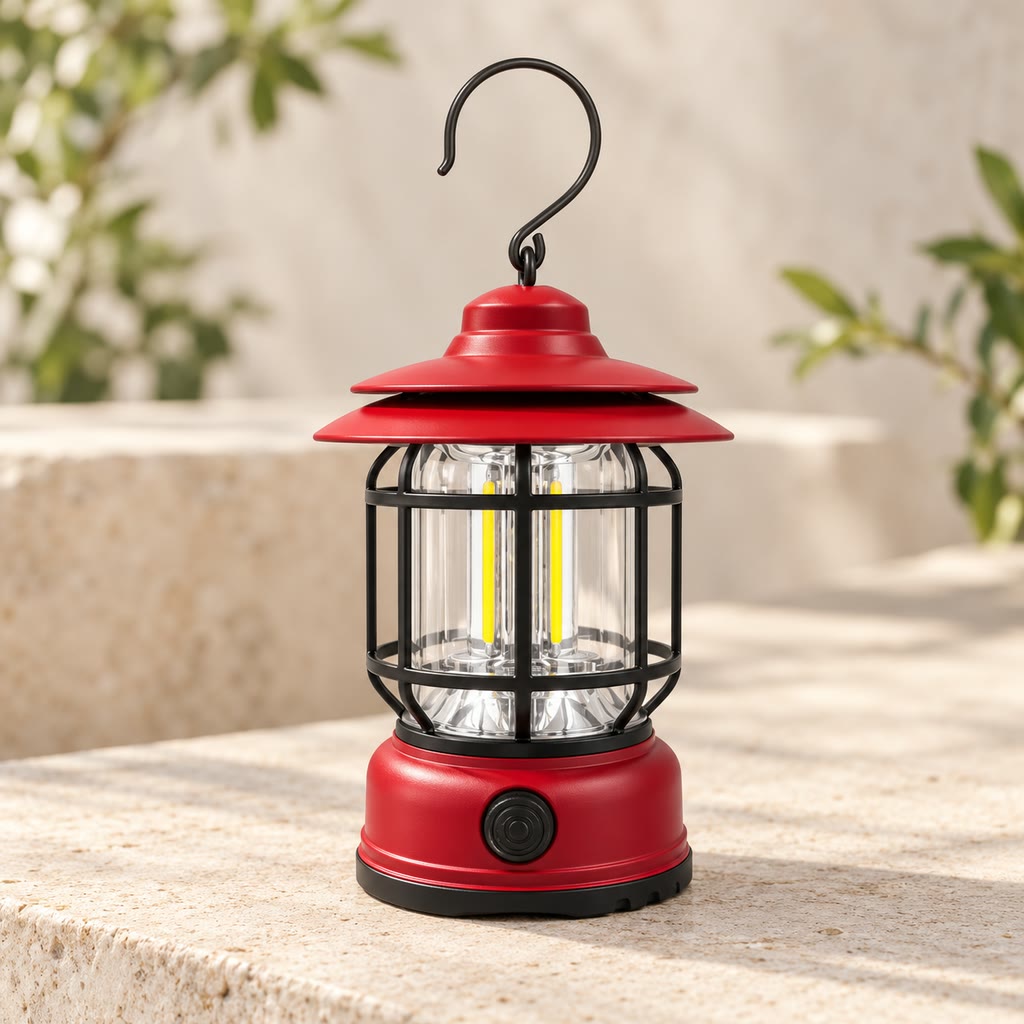 Red camping lantern shown unlit with its dark cage and hanging hook.