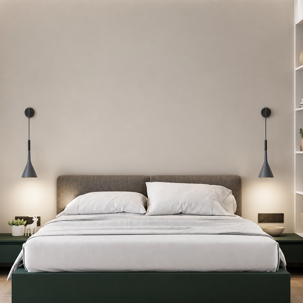 Gray pendant lamps flank a white bed with pillows and a low dark green platform.