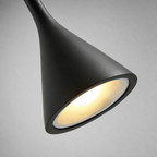 Black cone pendant lamp with a warm glowing underside on a gray background.