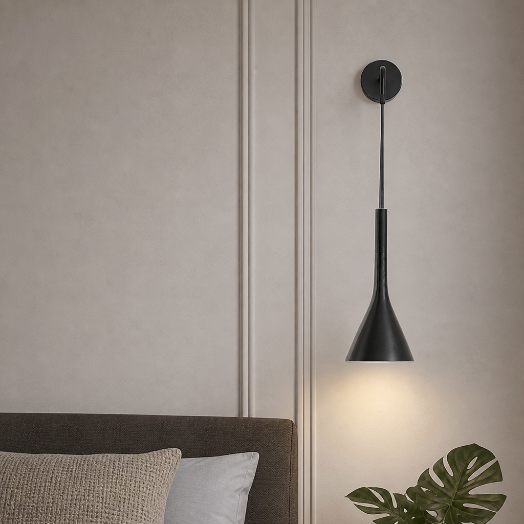Black cone wall sconce with round mount glowing above a bed and plant.