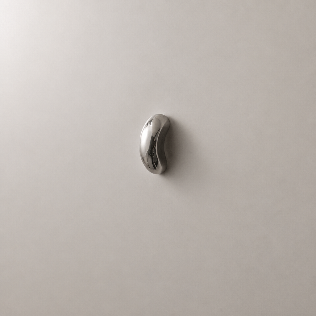 Shiny silver oval wall hook mounted on a light gray wall.