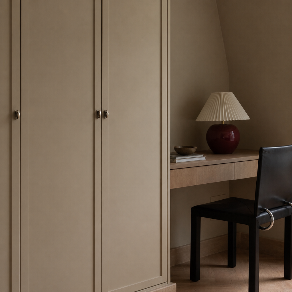 Beige wardrobe with small knobs beside a wooden desk with lamp and black chair.