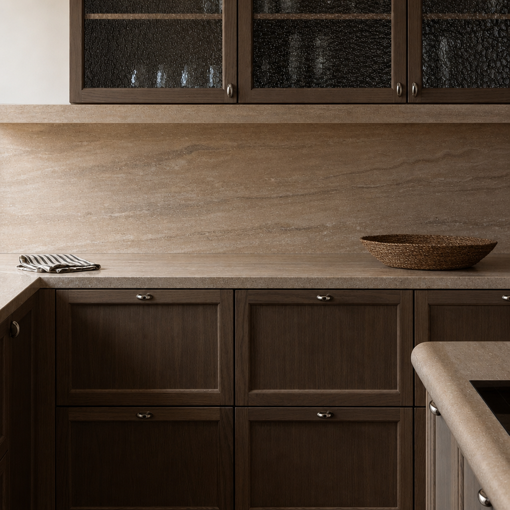 Dark wood kitchen cabinets with beige stone countertop and textured glass upper doors.