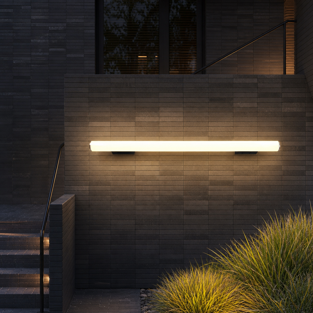 Glowing horizontal wall light mounted on a dark tiled exterior wall.