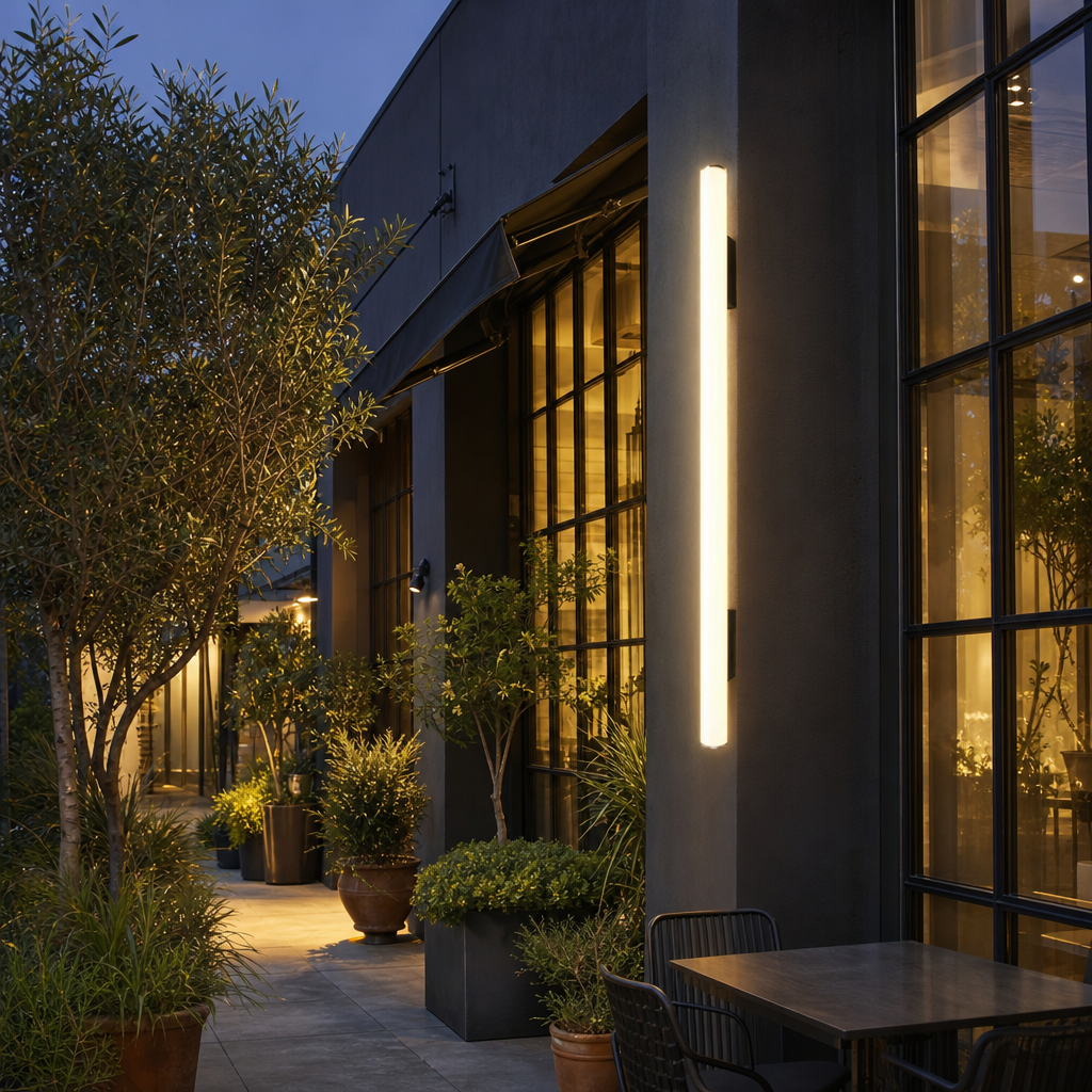 Glowing vertical wall light mounted on a dark exterior wall beside large windows.