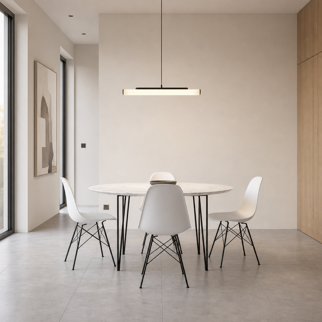 Linear black pendant light glows above a round marble dining table with white chairs.
